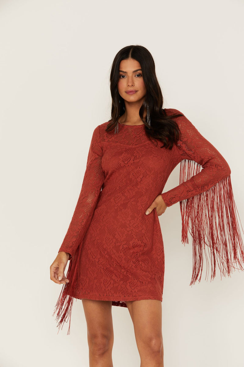 Fairlane Brick Red Crochet Fringe Dress ...